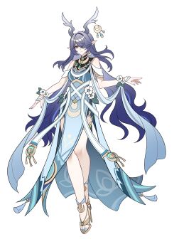 1girl absurdres adapted_costume alternate_breast_size_(smaller) antlers blue_dress blue_eyes blue_hair blue_pupils chinese_commentary commentary_request dress full_body genshin_impact green_eyes hair_over_one_eye high_heels highres horns jewelry lauma_(genshin_impact) long_hair looking_at_viewer multicolored_eyes pointy_ears purple_hair red_eyes simple_background sisan_eryi solo very_long_hair white_background