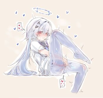 1girl bare_legs barefoot blue_halo blush closed_mouth eightzhuan fingering hair_ornament halo heart leg_up long_hair looking_at_viewer masturbation mornye_(wuthering_waves) orgasm pussy pussy_juice red_eyes see-through_body simple_background tacet_mark_(wuthering_waves) white_hair wuthering_waves x-ray