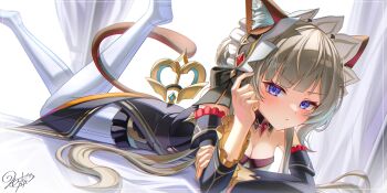 1girl animal_ears black_dress blue_eyes breasts brown_hair cat_ears cat_girl cat_tail cleavage commentary_request dress frilled_dress frilled_hairband frills genshin_impact hairband highres long_hair lying medium_breasts morocha1130 on_stomach pantyhose sandrone_(genshin_impact) solo tail white_pantyhose