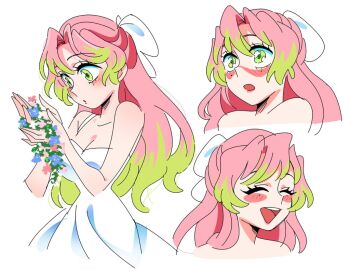 Rule 34 | 1girl, green eyes, kanroji mitsuri, kimetsu no yaiba, multicolored hair, smile, soyeonp19, white background