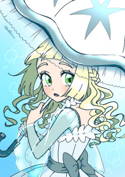 1girl :o alternate_costume alternate_hairstyle blonde_hair blue_background bow braid commentary_request dress eyelashes gen_7_pokemon green_eyes grey_bow hiyokko2min holding lillie_(pokemon) long_hair looking_back lower_teeth_only nihilego nintendo open_mouth parasol pokemon pokemon_(creature) pokemon_sm see-through_clothes see-through_sleeves solo teeth ultra_beast umbrella