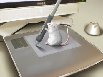 Rule 34 | ao usagi, computer, dell, drawing tablet, mouse (animal), computer mouse, mouse drawing, no humans, original, pen, pun, red eyes, screen, shiro nezumi, shironezumi-sensei, solo, stylus, wacom