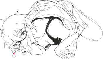 1girl absurdres bespectacled blush breasts closed_mouth commentary_request fukana_miyu_(kokuya28) full_body glasses greyscale heart highres jacket jacket_partially_removed kokuya_(kokuya28) lineart looking_at_viewer lying medium_breasts monochrome on_stomach original panties short_hair simple_background smile solo spoken_heart tank_top tongue tongue_out underwear