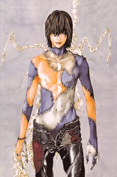1boy animal_skeleton black_nails blue_skin bone bracelet colored_skin concept_art death_note goth_fashion highres jewelry leather leather_pants lips long_bangs male_focus multicolored_skin navel nipples obata_takeshi open_fly pants prototype_design ring ryuk ryuk_(prototype) shinigami stitched_arm stitched_neck stitched_torso stitches topless_male white_skin