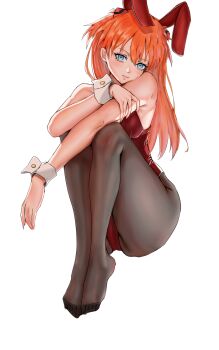 1girl animal_ears artist_request ass blue_eyes blush breasts brown_hair cleavage fake_animal_ears fetal_position highleg highleg_leotard highres huge_ass leotard long_hair looking_at_viewer neon_genesis_evangelion pantyhose playboy_bunny rabbit_ears rabbit_tail red_leotard shiny_clothes shiny_skin simple_background solo souryuu_asuka_langley standing strapless strapless_leotard thong_leotard tsundere white_background wide_hips