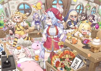 >_< 6+girls :d ahoge animal animal_bag animal_ear_fluff animal_ears bag bare_shoulders beret blonde_hair blue_eyes blush bow braid brown_hair brown_sandals butter_(trickcal) calligraphy_brush can chair character_request closed_eyes closed_mouth commentary_request confetti day dog dog_ears dog_girl dog_tail door dress epica_(trickcal) erpin_(trickcal) fang feathers food frilled_pillow frills fruit hair_bow hands_on_own_hips hat hat_feather highres holding holding_paddle holding_staff kite kommy_(trickcal) lightning_bolt_symbol long_sleeves low_twintails lying mandarin_orange multiple_girls nun nun_headdress official_art on_back open_mouth outdoors paddle paintbrush pillow pink_hair pink_shoes pink_shorts pleated_skirt profile puffy_short_sleeves puffy_shorts puffy_sleeves purple_hair purple_skirt red_eyes red_hat ribbon-trimmed_sleeves ribbon_trim round_window sandals shirt shoes short_sleeves shorts shoulder_bag skirt sleeveless sleeveless_dress sleeves_past_fingers sleeves_past_wrists smile socks speaki_(trickcal) staff standing standing_on_one_leg striped_clothes striped_thighhighs tabi table tail tears thighhighs translation_request trickcal twin_braids twintails under_covers unicorn_horn veil white_dress white_feathers white_hair white_shirt white_shorts white_sleeves white_socks window wrist_cuffs xd yellow_bow yellow_dress yomi_(trickcal) yukie_(kusaka_shi) zouri