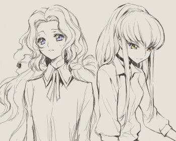 2girls black_choker blue_eyes breasts c.c. choker closed_mouth code_geass collared_shirt hair_between_eyes hair_tie limited_palette long_hair long_sleeves medium_breasts multiple_girls neck_ribbon nunnally_vi_britannia ogasawara_tomy orange_eyes parted_bangs ponytail ribbon shirt sidelocks sketch upper_body wavy_hair