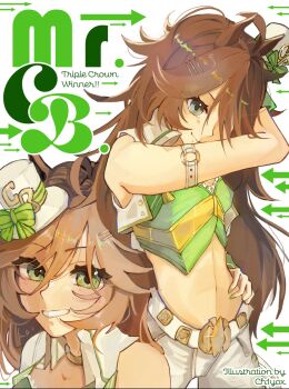 1girl ahoge animal_ears arm_strap bare_shoulders blue_eyes blush breasts brown_hair ch1yox choker closed_mouth cropped_jacket green_shirt hair_between_eyes hair_ornament hairclip hashtag-only_commentary hat highres horse_ears horse_girl horse_tail jacket long_hair looking_at_viewer midriff mini_hat mini_top_hat mr._c.b._(clear_bliss)_(umamusume) mr._c.b._(umamusume) navel open_mouth pants shirt single_wrist_cuff sleeveless sleeveless_jacket smile strapless strapless_shirt tail teeth top_hat umamusume white_jacket white_pants wrist_cuffs yellow_choker