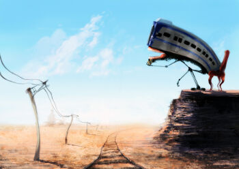 creature desert ldt machine monsterification on_cliff original power_lines railroad_tracks teeth train