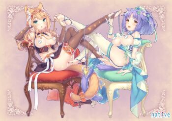 2girls animal_ear_fluff animal_ears bell blush bow breasts cat_ears cat_girl cat_tail censored censored_nipples chain chair cinnamon_(nekopara) collar feet flower green_eyes green_flower green_nails green_ribbon green_rose hair_ribbon hairband highres lingerie maple_(nekopara) multiple_girls nail_polish neck_bell nekopara open_mouth orange_collar orange_flower orange_hair orange_nails orange_rose purple_hair ribbon rose sayori_(neko_works) sitting slit_pupils stirrup_legwear tail tail_bow tail_flower tail_ornament thighs toeless_legwear toenail_polish toenails underwear white_ribbon yellow_eyes