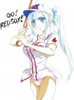 Rule 34 | baseball bat, baseball cap, baseball uniform, blue eyes, blue hair, boston red sox, hat, major league baseball, no pants, ponytail, sportswear