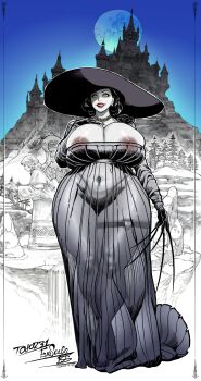 1930s_(style) 1girl 2024 69_(artist) absurdres alcina_dimitrescu areola_slip black_flower black_gloves black_hair black_hat black_panties black_rose breasts capcom castle claws collarbone commentary crossed_legs curly_hair dress earrings english_commentary evil_grin evil_smile female_focus flower gloves glowing glowing_eyes grey_dress grin hand_on_own_chest hashtag-only_commentary hat high_heels highleg highleg_panties highres huge_breasts jewelry long_sleeves looking_at_viewer mature_female midriff nail_polish navel necklace outdoors pale_skin panties pearl_necklace red_lips resident_evil resident_evil_village rose see-through_clothes see-through_dress short_hair smile solo standing statue straight-on sun_hat tall_female thick_thighs thighlet thighs toeless_footwear toenail_polish toenails underwear vampire wide_hips yellow_eyes