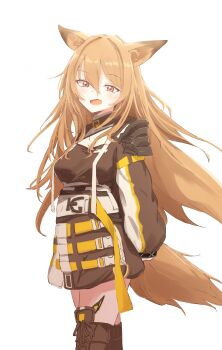 1girl :d animal_ears arknights blush boots brown_boots brown_hair brown_jacket brown_tail ceobe_(arknights) commentary cowboy_shot fang hair_between_eyes highres inago_(kumakiti175) infection_monitor_(arknights) jacket long_hair long_sleeves looking_at_viewer open_mouth orange_eyes simple_background skin_fang smile solo standing tail thigh_boots white_background