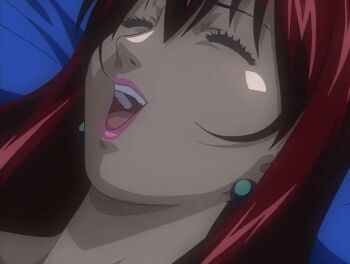 00s 1girl 2002 animated animated_gif bedroom bible_black bible_black_night_of_the_walpulgiss closed_eyes earrings implied_sex jewelry lipstick long_hair makeup mature_female moaning open_mouth red_hair red_lips solo tagme takashiro_hiroko teacher