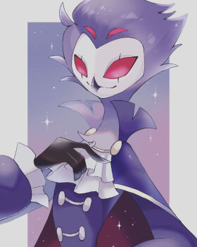 Rule 34 | ascot, black gloves, border, character request, closed mouth, commentary request, frilled sleeves, frills, gloves, hand up, hellaverse, helluva boss, iwasi 29, jacket, long sleeves, outside border, purple hair, purple jacket, red eyes, short hair, solo, sparkle, stolas (helluva boss), upper body, white ascot, white border