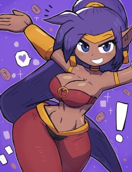 ! 1girl armband blue_eyes blush bra bracelet breasts choker cleavage coin collarbone dancer dark-skinned_female dark_skin earrings grin harem_outfit heart highres jewelry large_breasts long_hair looking_at_viewer midriff navel pants pointy_ears ponytail purple_background purple_hair red_pants red_shirt shantae shantae_(series) shirt smile sparkle speech_bubble spoken_heart strapless teeth tiara tony_welt tube_top underwear very_long_hair wayforward wide_hips
