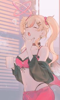 1girl ahoge artist_request black_collar black_jacket black_nails black_panties blonde_hair bow bra breasts cleavage closed_eyes collar commentary cowboy_shot cup double-parted_bangs drawstring drinking_glass english_commentary feathered_wings fingernails hair_bow halo hand_up heart heart_ahoge highres holding holding_cup indie_virtual_youtuber jacket jacket_partially_removed large_breasts long_hair morning mug nail_polish navel no_shirt open_mouth panties pants panty_straps pink_bow pink_bra pink_halo pink_pants second-party_source solo spiked_collar spikes standing steaming_cup stomach suko_(vtuber) tied_drawstring twintails underwear waking_up wavy_hair wings yawning