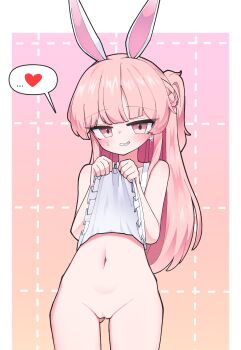 1girl absurdres animal_ears apron apron_lift blunt_bangs blush border censored clothes_lift collarbone commission cowboy_shot grin heart hh highres lifting_own_clothes loli long_hair looking_at_viewer mosaic_censoring naked_apron navel original outside_border pink_eyes pink_hair pussy rabbit_ears rabbit_girl smile solo spoken_heart stomach white_apron white_border