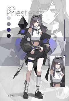 1girl alternate_costume alternate_hairstyle arknights artist_name asymmetrical_legwear bare_shoulders black_hair black_hairband black_jacket black_shoes black_shorts boya_666666 character_name color_guide crop_top cropped_shirt full_body hairband hashtag-only_commentary high_collar highres jacket long_hair long_sleeves looking_at_viewer midriff navel off_shoulder open_clothes open_jacket priestess_(arknights) purple_eyes shirt shoes shorts side_ponytail sleeveless sleeveless_shirt socks solo standing white_shirt white_socks