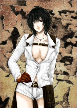 1girl bad_id bad_pixiv_id black_hair breasts devil_may_cry devil_may_cry_(series) devil_may_cry_4 gloves green_eyes hand_on_own_hip heterochromia jacket jewelry lady_(devil_may_cry) mikaneco necklace no_bra red_eyes red_gloves shorts white_jacket white_shorts