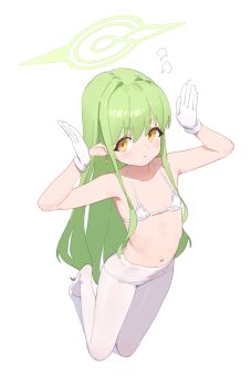 bikini blue_archive blush commentary covered_navel embarrassed full_body gloves green_hair green_halo halo hands_up highres hikari_(blue_archive) kneeling loli long_hair long_sidelocks micro_bikini no_shoes panties panties_under_pantyhose pantyhose parted_hair pointy_ears ribs sidelocks siu_hing5262 stomach string_bikini swimsuit underwear very_long_sidelocks white_bikini white_gloves white_panties white_pantyhose yellow_eyes