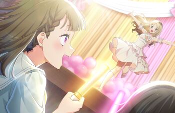 3girls balloon bare_shoulders black_bow black_hair blonde_hair bow braid brown_hair center-flap_bangs dress dutch_angle frilled_dress frills game_cg glowstick grey_eyes hair_bow highres holding holding_glowstick indoors kachimachi_kosuzu leg_up link!_like!_love_live! long_hair love_live! medium_dress multicolored_hair multiple_girls non-web_source nova_white_(love_live!) official_alternate_costume official_art oomichi_hiromi outstretched_arms parted_bangs penlight_(glowstick) pinstripe_bow roots_(hair) side_braids sleeveless sleeveless_dress spread_arms stage standing standing_on_one_leg virtual_youtuber white_dress