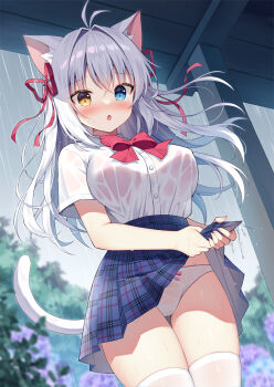 1girl aina_rive animal_ear_fluff animal_ears antenna_hair blue_skirt blush bow bow_panties bra bra_visible_through_clothes cat_ears cat_girl cat_tail chestnut_mouth collared_shirt commentary_request day dress_shirt grey_hair hair_between_eyes hair_intakes hair_ribbon long_hair looking_at_viewer mauve nose_blush original outdoors overcast panties parted_lips pink_bra pleated_skirt rain red_bow red_ribbon ribbon school_uniform see-through_clothes see-through_shirt shirt skirt sky small_sweatdrop solo sweat tail thighhighs underwear very_long_hair wet wet_clothes wet_panties wet_shirt white_panties white_shirt white_thighhighs wringing_clothes wringing_skirt