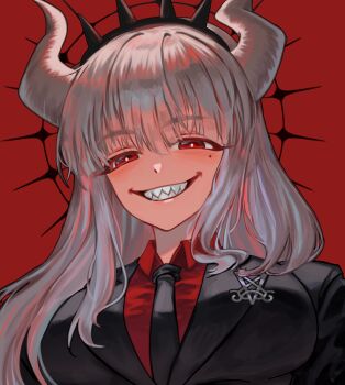 1girl black_suit business_suit demon_girl demon_horns evil_grin evil_smile formal_clothes grin helltaker highres horns jojcachu long_hair looking_at_viewer lucifer_(helltaker) red_eyes sharp_teeth smile solo suit teeth