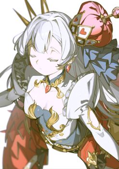 1girl breasts closed_eyes closed_mouth collarbone commentary crown dress duel_monster earrings heart heart_earrings highres jewelry juliet_sleeves long_hair long_sleeves maliss_<q>_hearts_crypter medium_breasts puffy_sleeves queen sen-jou simple_background solo symbol-only_commentary tilted_headwear very_long_hair white_background white_dress white_hair yu-gi-oh!