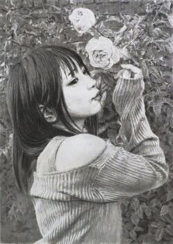 1girl absurdres asian black_hair commentary_request grey_background greyscale highres long_sleeves looking_to_the_side monochrome naohiro_ito oil_painting_(medium) original painting_(medium) rose_bush solo strapless_jacket sweater traditional_media
