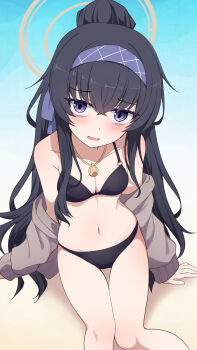Rule 34 | 1girl, bikini, black bikini, blue archive, blue hairband, blush, breasts, brown halo, commentary request, eniraka, hairband, halo, highres, jewelry, looking at viewer, medium breasts, navel, necklace, official alternate costume, open mouth, purple eyes, sitting, solo, swimsuit, thighs, ui (blue archive), ui (swimsuit) (blue archive)