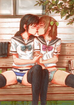 2girls arm_around_shoulder bag bench black_bow black_hair black_skirt black_thighhighs blue_bow blue_bowtie blue_panties blush bow bow_panties bowtie brown_hair collarbone grass green_ribbon hair_ribbon holding_hands house kiss lace lace-trimmed_panties lace_trim long_hair low_ponytail lunalu9 multiple_girls navel original panties peeing peeing_self pink_bow pink_bowtie ponytail puddle ribbon school_bag shirt short_hair short_sleeves sitting skirt spread_legs striped_clothes striped_panties thighhighs tree twintails underwear unworn_skirt wet wet_clothes wet_panties white_panties white_shirt window yuri