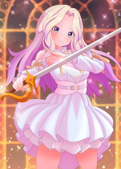absurdres blonde_hair blue-purple_eyes blue_eyes gakuen_idolmaster highres holding holding_sword holding_weapon idolmaster juo_sena long_hair pink_hair purple_eyes raby_vivid sparkle standing sword tiny_ambition_(idolmaster) weapon