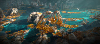 absurdres commentary english_commentary felixriano flock flower giant_skeleton highres lake landscape light_rays no_humans original outdoors painterly scenery science_fiction spacecraft water yellow_flower