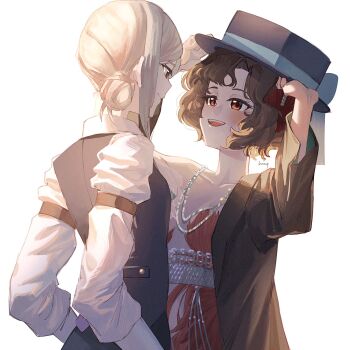 Rule 34 | 2girls, :d, adjusting clothes, adjusting headwear, arms up, black coat, black hair, black hat, black vest, blue bow, boater hat, bow, coat, dress, eye contact, face-to-face, feather dress, feather hair ornament, feathers, grey hair, hair bun, hair ornament, hands up, hat, hat bow, headwear switch, highres, jewelry, ling (chaaaaanhikari), long sleeves, looking at another, multiple girls, necklace, open mouth, pearl necklace, profile, red dress, red eyes, red feathers, reverse:1999, schneider (reverse:1999), shirt, short hair, single off shoulder, single side bun, smile, upper body, vertin (reverse:1999), vest, waistcoat, white background, white shirt