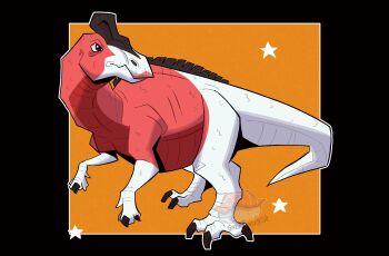 absurdres artist_logo black_background claws commentary dinosaur english_commentary fossil_fighters from_side full_body highres logo looking_to_the_side nippono nipponosaurus no_humans orange_background outline snek_snack solo star_(symbol) tail vivosaur white_outline