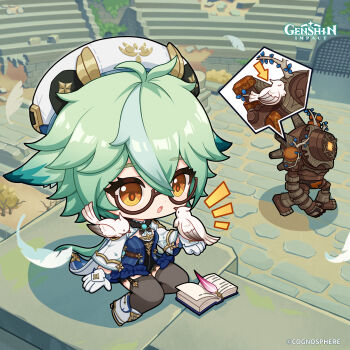 1girl absurdres animal animal_on_shoulder antenna_hair bird bird_on_hand bird_on_shoulder blue_dress book boots breasts brown_eyes chibi commentary dot_nose dress english_commentary garter_straps genshin_impact glasses gloves green_hair hair_between_eyes hat highres long_hair long_sleeves low_ponytail multicolored_hair official_art open_book open_mouth ponytail robot ruin_guard_(genshin_impact) semi-rimless_eyewear sitting streaked_hair sucrose_(genshin_impact) thighhighs vision_(genshin_impact) white_boots white_gloves white_hat