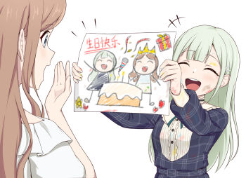 Rule 34 | 2girls, anglediana, bang dream!, bang dream! it's mygo!!!!!, black choker, blue dress, blue eyes, brown hair, center frills, chinese commentary, choker, commentary request, dirty, dirty face, drawing (object), dress, frilled dress, frills, green hair, hair ornament, hairclip, happy birthday, highres, long hair, long sleeves, mortis (bang dream!), mortis (persona) (bang dream!), multiple girls, nagasaki soyo, open mouth, plaid clothes, plaid dress, shirt, sidelocks, simple background, teeth, upper body, upper teeth only, wakaba mutsumi, white background, white shirt