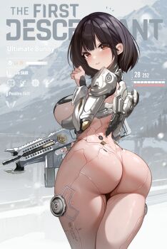 1girl ajahweea android ass blush breasts bridge brown_hair bunny_(the_first_descendant) closed_mouth commentary english_commentary english_text gameplay_mechanics gun highres holding holding_gun holding_weapon large_breasts looking_at_viewer looking_back mechanical_arms mountain smile snow solo standing the_first_descendant tree weapon