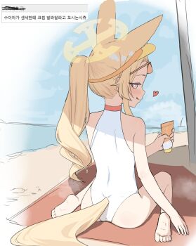 1girl animal_ear_fluff animal_ears barefoot beach blonde_hair blue_archive blue_sky breasts clothing_cutout commentary_request cross_halo day diamond_cutout fox_ears fox_girl fox_tail halo highleg highleg_one-piece_swimsuit highres horizon korean_text long_hair looking_at_viewer looking_back lotion ocean official_alternate_costume official_alternate_hairstyle one-piece_swimsuit orange-tinted_eyewear orange_eyes outdoors request_inset seia_(blue_archive) seia_(swimsuit)_(blue_archive) side_ponytail sitting sky small_breasts solo sunglasses sunscreen swimsuit tail tinted_eyewear translation_request visor_cap wariza white_one-piece_swimsuit yellow_halo yellow_visor yukiho_(69865456)