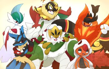 Rule 34 | arm blade, bird, black fur, blank eyes, blue fur, boar, body fur, cape, chesnaught, claws, colored skin, commentary request, dot pupils, emboar, feather-trimmed capelet, fire, flaming weapon, forehead protector, fur cape, gallade, gen 4 pokemon, gen 5 pokemon, gen 6 pokemon, gold mask, green hair, green skin, hawlucha, hidane (natsume hdn), highres, holding, holding staff, lizard, lucario, luchador, luchador mask, mask, mega chesnaught, mega emboar, mega gallade, mega hawlucha, mega lucario, mega pokemon, mega scrafty, mohawk, multicolored fur, multicolored skin, nintendo, nostrils, orange fur, orange skin, pants, pokemon, pokemon (creature), pokemon focus, red eyes, red fur, red hair, red nose, sagging pants, scrafty, shedding, shedding skin, spiked shell, spikes, staff, tail, torn clothes, torn hood, torn pants, tusks, two-tone skin, v-shaped eyes, weapon, white beard, white cape, white fur, white hood, white pants, white skin, wing cape, yellow claws, yellow fur
