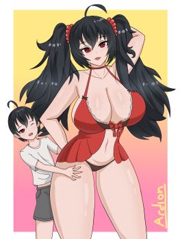 1boy 1girl absurdres azur_lane babydoll black_hair black_panties black_pants breasts cleavage highres mother_and_son panties pants red_babydoll taihou_(azur_lane) twintails underwear