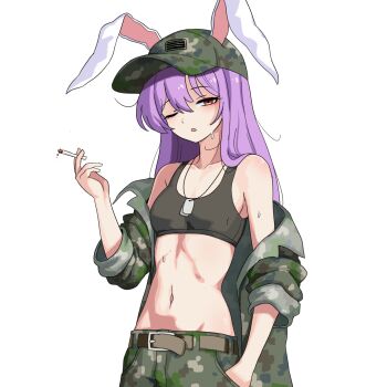 1girl alternate_costume animal_ears belt black_sports_bra breasts camouflage camouflage_hat camouflage_pants camouflage_shirt cigarette commentary dog_tags ears_through_headwear ehehe52921343 green_hat green_pants green_shirt hand_in_pocket hat highres holding holding_cigarette long_hair looking_at_viewer midriff navel one_eye_closed open_clothes open_mouth open_shirt pants purple_hair rabbit_ears rabbit_girl red_eyes reisen_udongein_inaba shirt simple_background small_breasts solo sports_bra sweat touhou white_background