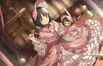 1girl black_hair blunt_bangs bob_cut bonnet buttons capelet carpet closed_mouth doll dress dutch_angle flipped_hair frilled_bonnet frilled_capelet frilled_dress frills game_cg highres holding holding_doll holding_sewing_needle link!_like!_love_live! lolita_fashion looking_at_viewer love_live! mannequin momose_ginko non-web_source official_art on_floor pink_bonnet pink_capelet pink_dress pink_ribbon poupee_en_lotus_(love_live!) ribbon sewing_machine sitting smile solo split_mouth spool sweet_lolita virtual_youtuber white_dress yarn yarn_ball
