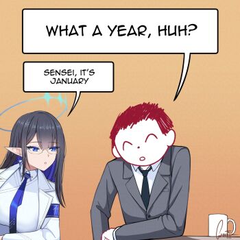 1boy 1girl black_hair blue_archive blue_eyes blue_hair blue_halo blue_necktie closed_eyes collared_shirt colored_inner_hair commentary doodle_sensei_(blue_archive) english_commentary grey_jacket gzanth halo jacket long_hair meme multicolored_hair necktie open_clothes open_jacket open_mouth pointy_ears rin_(blue_archive) sensei_(blue_archive) shirt short_hair two-tone_hair what_a_week_huh_(meme) white_jacket white_shirt