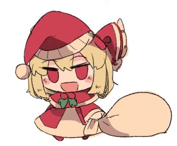 Rule 34 | 1girl, 7-mirano, bag, blonde hair, blush, capelet, chibi, commentary, dress, fur-trimmed capelet, fur-trimmed dress, fur-trimmed headwear, fur trim, gift bag, hair between eyes, hair ribbon, hat, holding, holding bag, holding sack, holly, meme, no pupils, open mouth, padoru (meme), red eyes, red hat, ribbon, rumia, sack, santa costume, santa dress, santa hat, short hair, solo, touhou