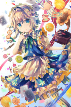1girl 222neko apron bow bowtie braid card closed_mouth commentary cup embellished_costume food fruit green_bow green_bowtie grey_hair hair_bow izayoi_sakuya kiwi_(fruit) kiwi_slice knife long_hair looking_at_viewer macaron maid maid_headdress musical_note musical_staff orange_(fruit) orange_slice phonograph playing_card pocket_watch puffy_short_sleeves puffy_sleeves short_sleeves smile solo striped_clothes striped_thighhighs teacup teapot thighhighs touhou twin_braids vertical-striped_clothes vertical-striped_thighhighs waist_apron watch white_thighhighs