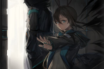 1girl 1other amiya_(arknights) animal_ears arknights black_jacket blue_eyes brown_hair doctor_(arknights) from_behind hair_between_eyes hands_in_pockets highres infection_monitor_(arknights) jacket jam_(nandade) jewelry long_hair multiple_rings open_clothes open_jacket outstretched_arms parted_lips rabbit_ears rabbit_girl ring shirt teeth upper_body white_shirt