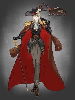 Rule 34 | 1girl, absurdres, animal, ascot, bird, black hair, black hat, black jacket, blonde hair, brown coat, brown corset, brown shoes, cane, closed mouth, coat, coat on shoulders, collared jacket, corset, cross-laced shoes, dress pants, dress shoes, earrings, epaulettes, eyelashes, flower, full body, grey background, grey pants, hair over shoulder, hand on own shoulder, hat, hat flower, hat ribbon, hawk, highres, holding, holding cane, infinity nikki, jacket, jewelry, lapels, light smile, lips, long hair, long sleeves, low ponytail, monocle, nikki (series), notched lapels, pants, ponytail, qiaoqiao382, red coat, red ribbon, ribbon, rose, round eyewear, shoes, sleeve cuffs, solo, sphere earrings, standing, stylist (nikki), sun hat, two-sided coat, two-sided fabric, vignetting, wavy hair, white ascot, white flower, white rose, yellow eyes