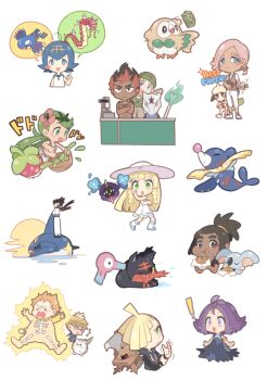 ! 4girls 6+boys :t acerola_(pokemon) alolan_form alolan_marowak alternate_color beanie blonde_hair blue_eyes blue_hair blue_sailor_collar blunt_bangs blush_stickers bone bounsweet braid bright_pupils brown_vest chibi closed_mouth commentary_request cosmog dark-skinned_female dark-skinned_male dark_skin dress eating electrocution fire flower food food_on_face frown gen_1_pokemon gen_2_pokemon gen_3_pokemon gen_7_pokemon gladion_(pokemon) green_eyes green_fire green_hair green_headband green_headwear grey_overalls grimsley_(pokemon) gyarados hair_dryer hairband hand_up hat hau_(pokemon) headband hiker_(pokemon) holding hood hoodie huan_li ilima_(pokemon) index_finger_raised kiawe_(pokemon) kneehighs komala kyogre lana_(pokemon) legendary_pokemon lillie_(pokemon) litten long_hair long_sleeves malasada mallow_(pokemon) mixing molayne_(pokemon) mortar_(bowl) multiple_boys multiple_girls nintendo no_sclera overalls pants pink_flower pink_hair pokemon pokemon_(creature) pokemon_sm popplio rowlet sailor_collar see-through_clothes sharpedo shiny_pokemon shirt shoes short_hair short_sleeves sleeveless sleeveless_dress sleeveless_shirt smeargle socks sophocles_(pokemon) spoken_character standing sun_hat sundress swept_bangs togedemaru trembling twin_braids twintails type:_null vest white_background white_dress white_footwear white_headwear white_legwear white_pants white_pupils white_shirt yellow_hairband